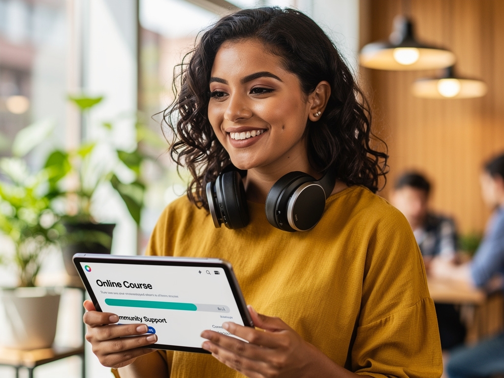 Coordinadora de la comunidad de aprendizaje, mujer joven de 28 años con audífonos y tablet, en espacio de trabajo colaborativo