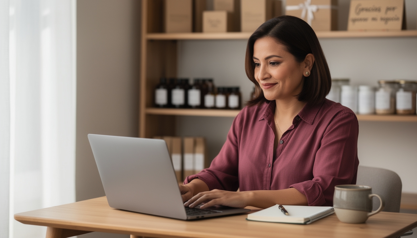 Emprendedora mexicana de mediana edad trabajando con laptop en su pequeño negocio, expresión concentrada y segura