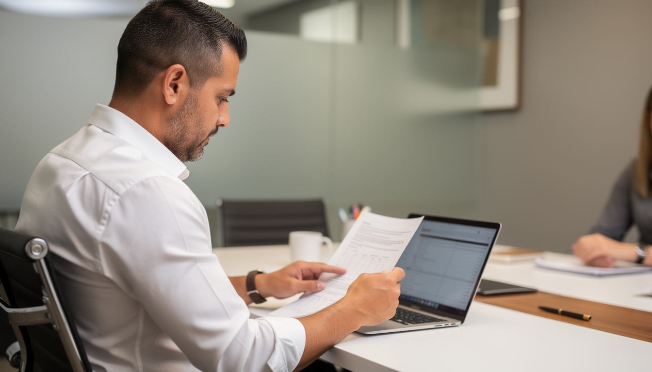 Profesional revisando información generada por IA en pantalla, comparando con documentos físicos para verificar datos