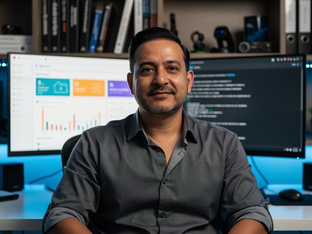 Especialista en herramientas de IA, hombre de 40 años con ropa casual de negocios, frente a pantalla con código y dashboards