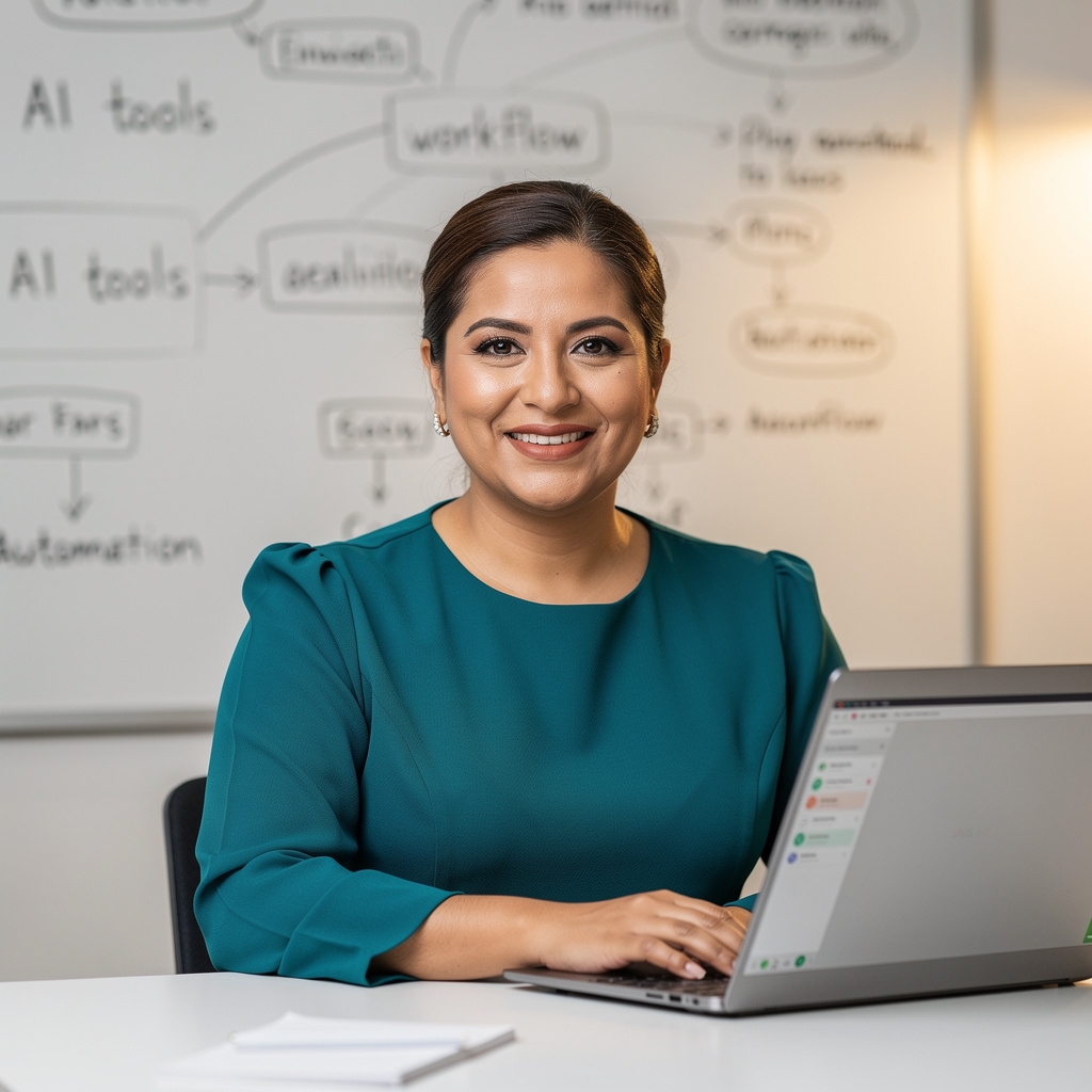 Instructora principal del curso Mazike, mujer profesional de 35 años con laptop, sonriendo en oficina luminosa