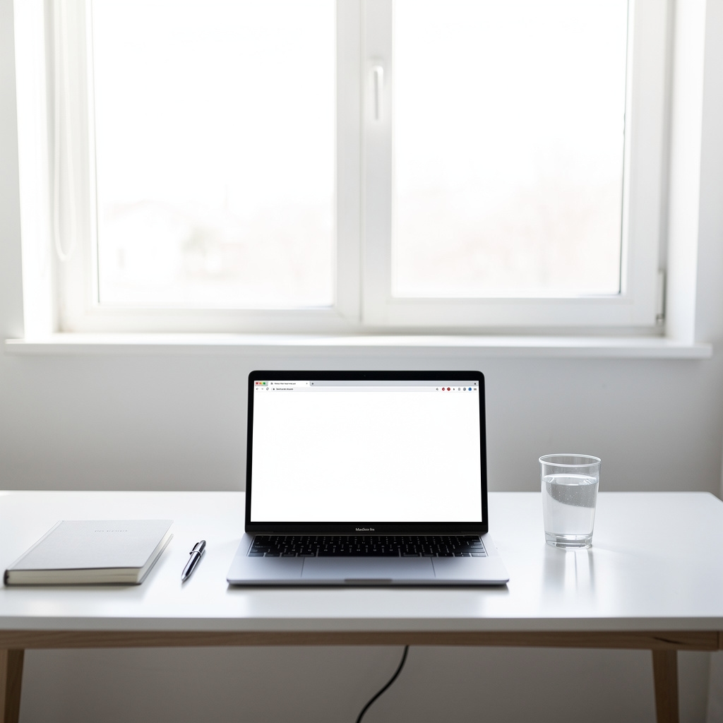 Mesa de trabajo ordenada con laptop, cuaderno y café, sin equipos costosos ni configuraciones complicadas