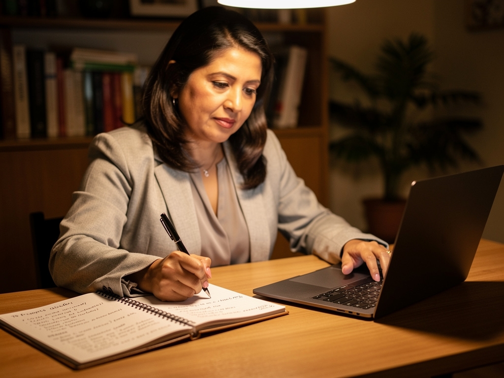 Persona practicando prompts de IA en laptop con cuaderno de notas abierto al lado, en entorno de aprendizaje tranquilo