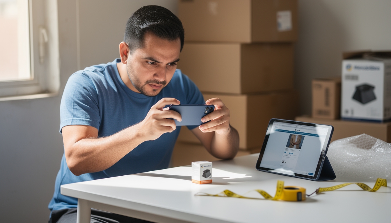 Vendedor independiente mexicano fotografiando su producto en casa y preparando su publicación en MercadoLibre con tablet